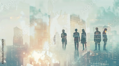 Generative AI : Creative city skyline with businesspeople silhouettes on light background.