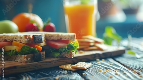 Generative AI : school lunch with a sandwich, fresh fruits, crackers and juice. the toning. selective focus