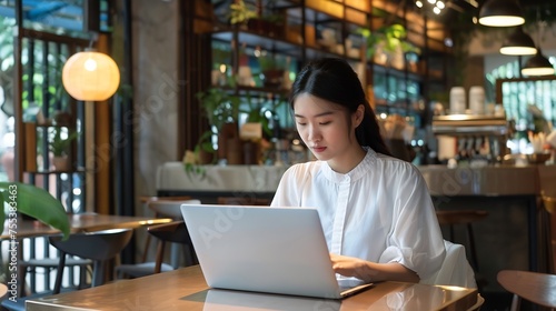 Generative AI : Asian young business girl working with laptop in coffee shop cafe