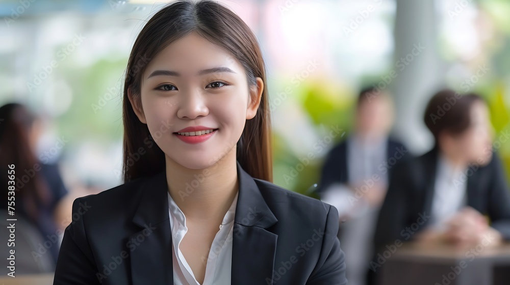 Generative AI : young attractive Asian female office worker in formal business suits smiling at camera Generative AI : young attractive Asian female office worker in formal business suits smiling at camera