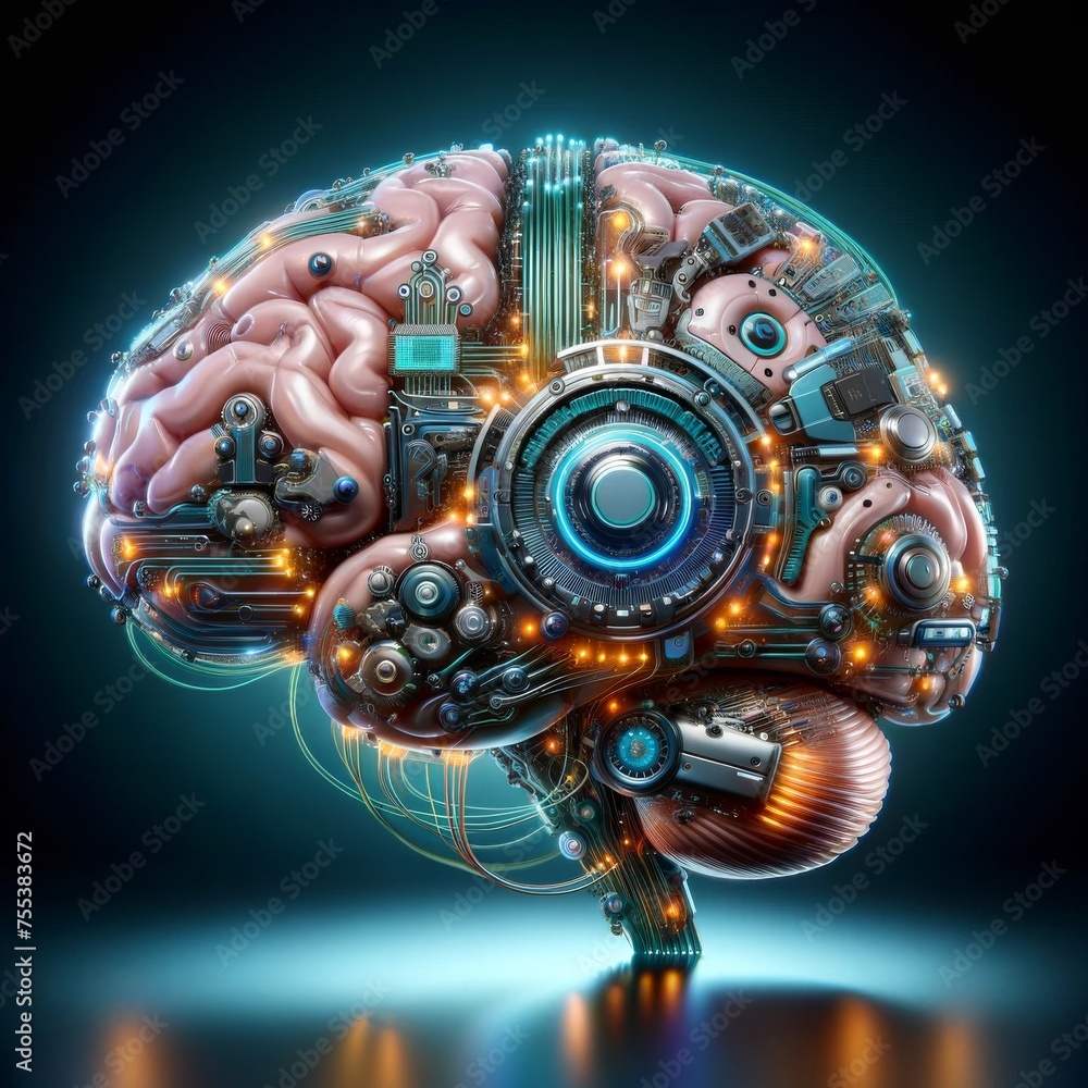 3D image of a brain that integrates organic and robotic elements in a sci-fi theme.