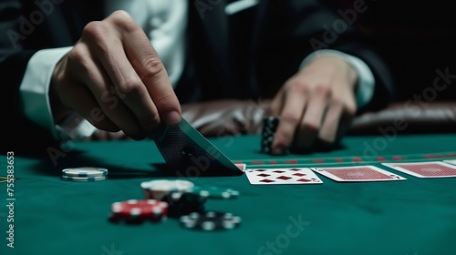 Generative AI : Man dealer or croupier shuffles poker cards in a casino game card photo