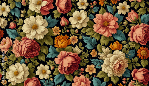 A floral patterned background with a variety of flowers including roses, daisies