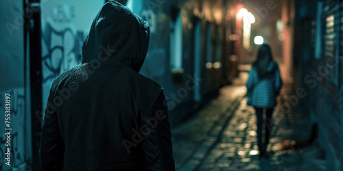 Back of man in hood following woman in dark narrow street at night late evening. Concept for crime, stalking and sexual assault photo