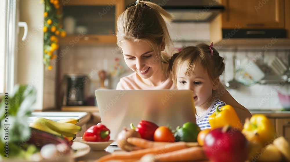 Generative AI : mother teach daughter in the kitchen learn online cooking clean food from the laptop computer