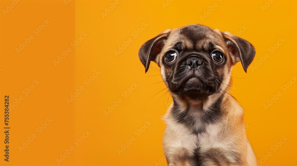 Generative AI : portrait of a pugelier puppy in front of an orange gradient background. half pug half cavlier king charles spaniel