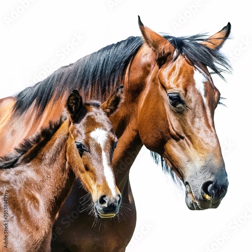 Brown mare and foal looking with suspicion on white background
