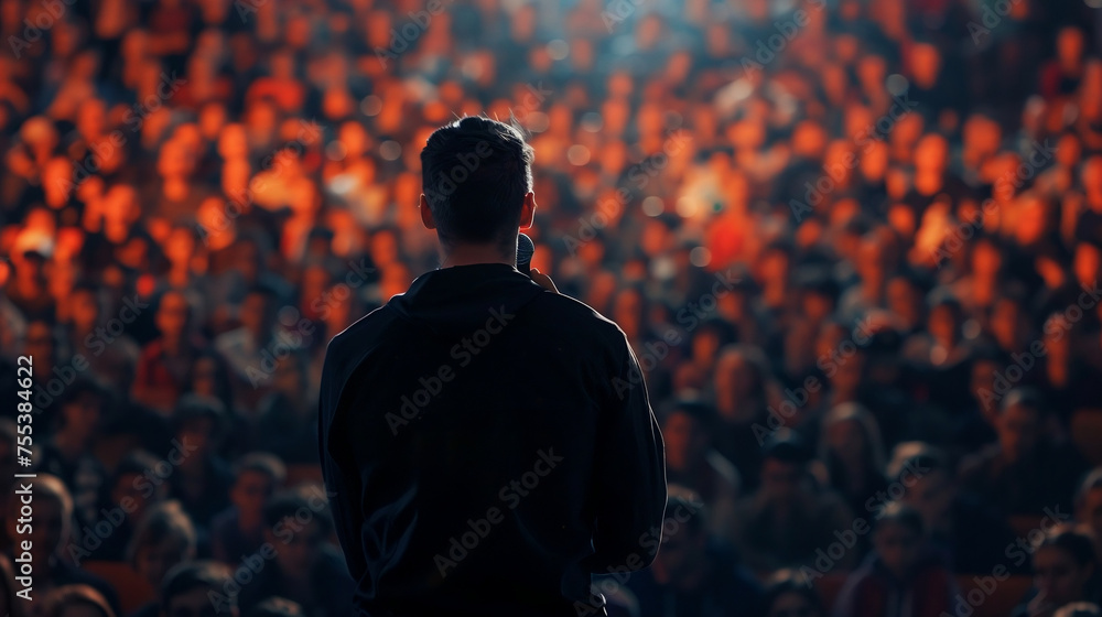 view from the back of a man speaking in front of an audience. A man with a microphone speaks in front of a crowd of people.public speaking concept view from the back of a man speaking in front of an audience. A man with a microphone speaks in front of a crowd of people.public speaking concept