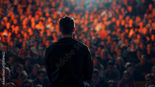 view from the back of a man speaking in front of an audience. A man with a microphone speaks in front of a crowd of people.public speaking concept
