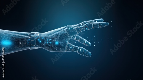 Robotic hand touching on solid blue background, AI hand
