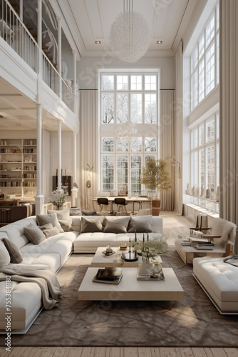 A well-lit Scandinavian living room with high ceilings, featuring a blend of modern and classic furnishings for a timeless appeal.