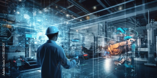Futuristic technology trend concept of smart industry 4.0 engineer use artificial intelligence robotic automation machine in factory Connecting data network software to monitoring, operating process