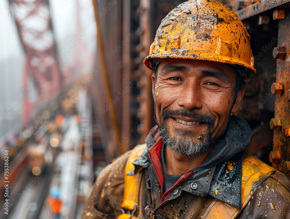 Chinese male builder against bridge construction Chinese male builder against bridge construction