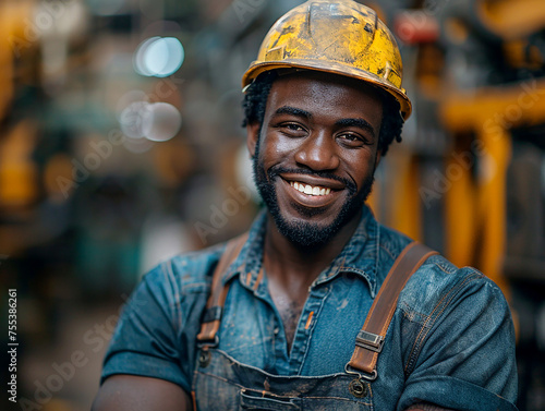 A black male worker in overalls and a hard hat smiles © aviavlad