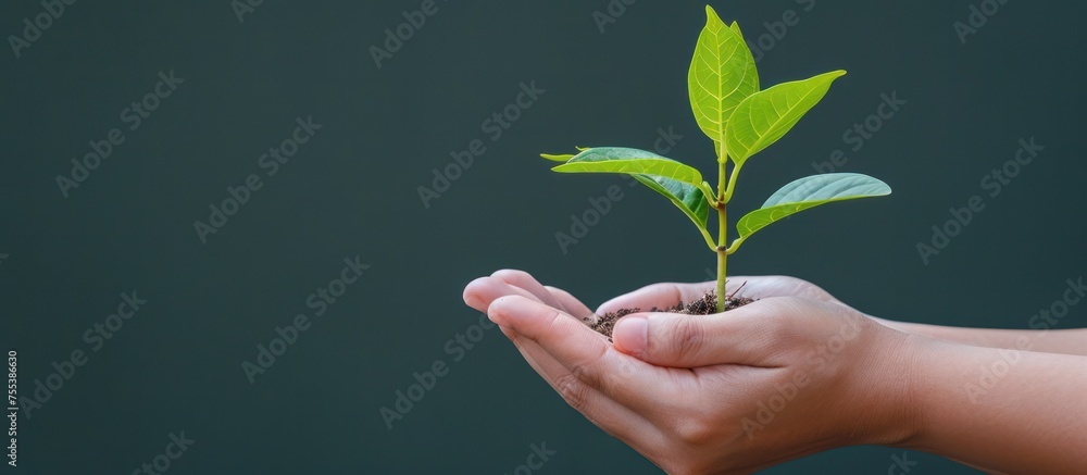 Hands holds small green plant seedling , copy space , sustainability concept Hands holds small green plant seedling , copy space , sustainability concept