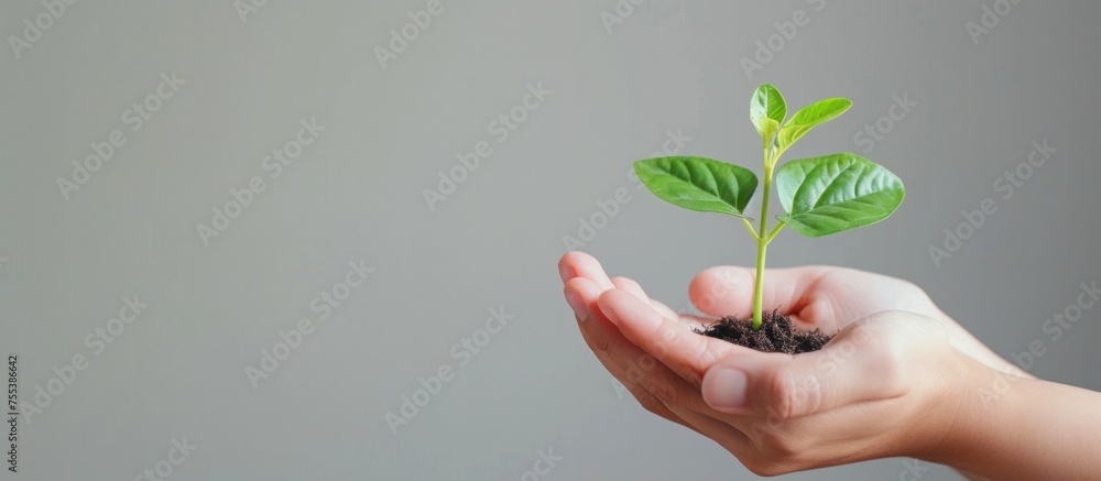 Hands holds small green plant seedling , copy space , sustainability concept Hands holds small green plant seedling , copy space , sustainability concept