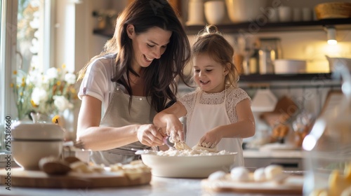 A heartwarming scene of a mother and daughter baking in a sun-filled kitchen, with a focus on teaching and enjoyment.