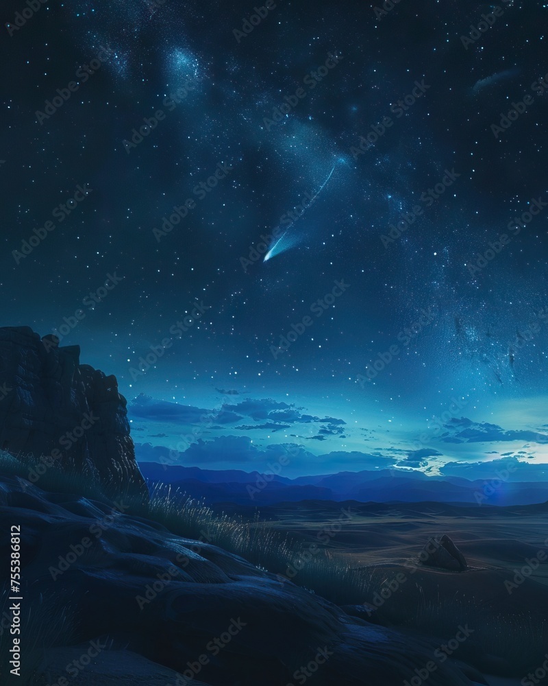 The comet streaming through the night sky blue sky