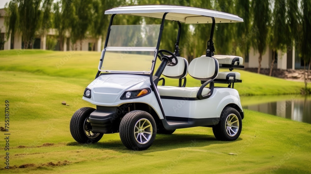 White golf cart on the golf course. 
