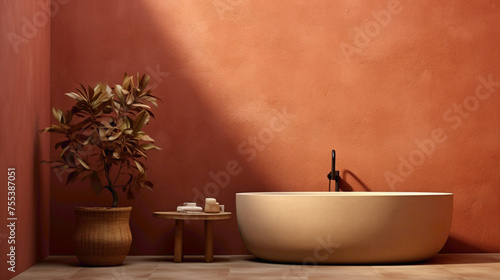 A warm terracotta wall with a polished surface  creating an earthy and cozy atmosphere.
