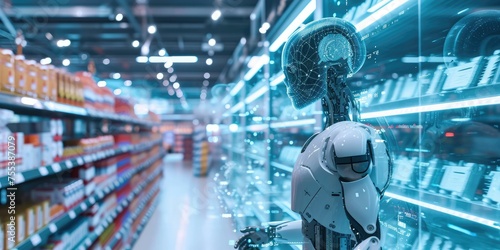 new normal Futuristic Technology in smart retail industrial concept using artificial intelligence, machine learning, 5g, augmented mixed virtual rality, robot in corona virus spread