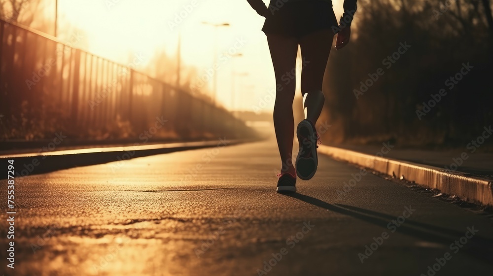 A woman runs along the road, doing sports