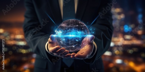 Man hand holding night earth with global network communication technology including earth crptocurrency, blockchain, iot, 5g Earth day energy for envirionment Elements of this image furnished  photo