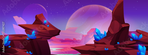 Alien planet landscape with red and orange rocky surface with blue glowing crystals in stones and pink celestial object on purple sky. Cartoon game fantasy cosmic scenery with cliff mountain and gems.