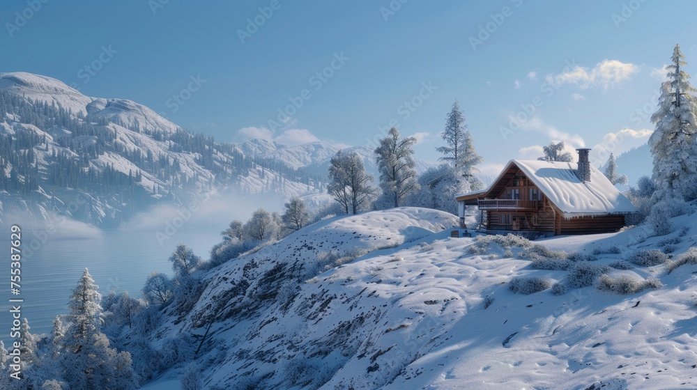 Remote cabin on a snowy hill with a mountain backdrop, clear blue skies.