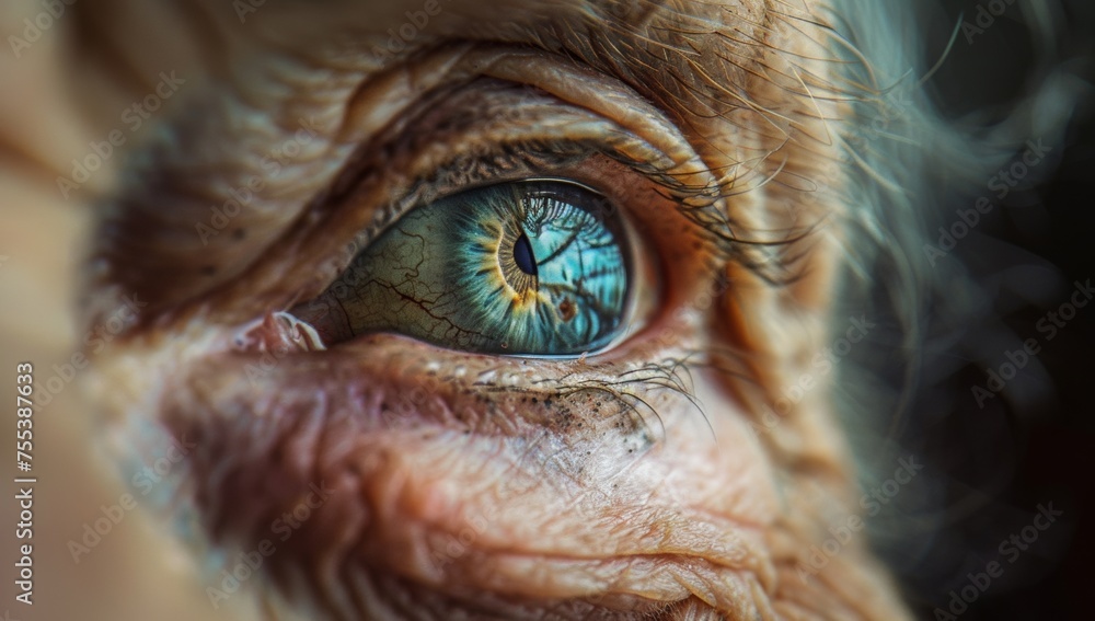 Macro shot of an elderly woman's eye, detailed and vivid, reflecting wisdom and stories. Macro shot of an elderly woman's eye, detailed and vivid, reflecting wisdom and stories.