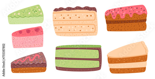 Slice of cakes set. Sweet bakery piece. Pastry dessert with cream. Vector pie flat illustration isolated on white background