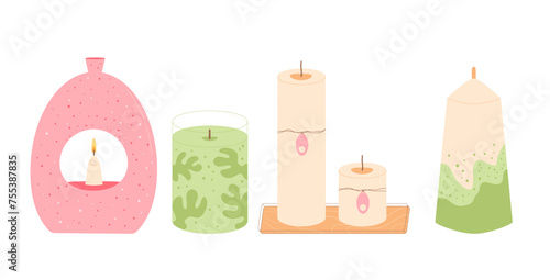 Candles set. Handmade aromatic candlelight isolated in white background. Vector cartoon illustration
