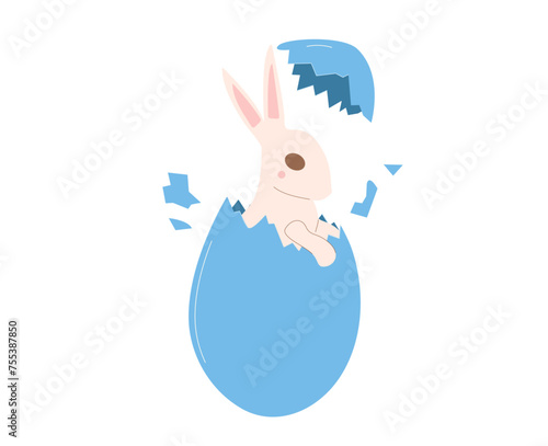 Easter egg with hatched bunny isolated on white background. Opened spring holiday symbol and rabbit inside. Vector flat illustration