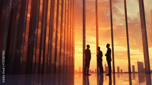 Silhouettes of business people in skyscraper at sunset.