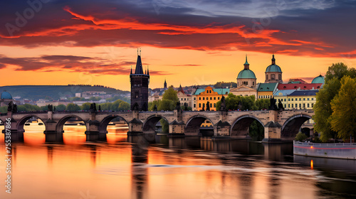 Scenic Panoramic View of Charles Bridge and Prague Castle during Sunset