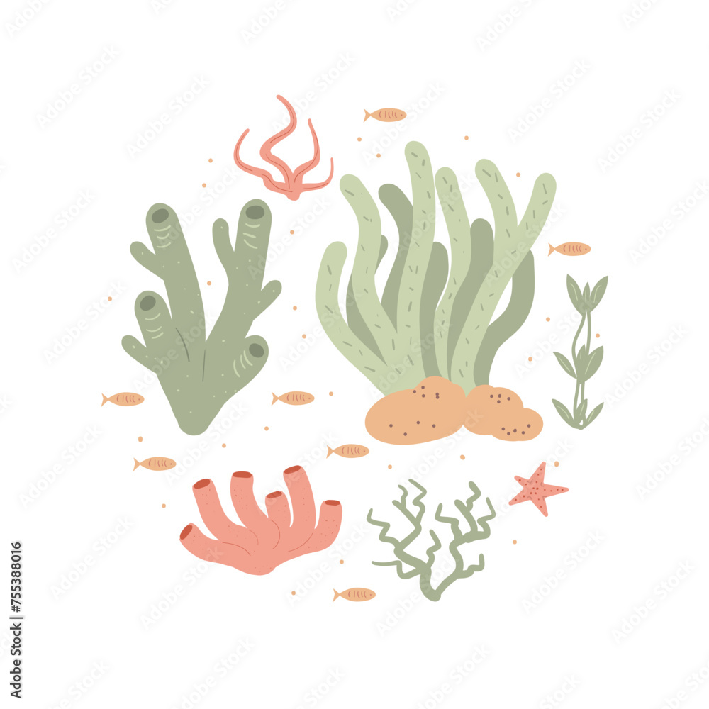 Coral green reef round badge isolated on white background. Ecology environmental issues emblem. Sea underwater elements. Vector handdrawn flat illustration Coral green reef round badge isolated on white background. Ecology environmental issues emblem. Sea underwater elements. Vector handdrawn flat illustration