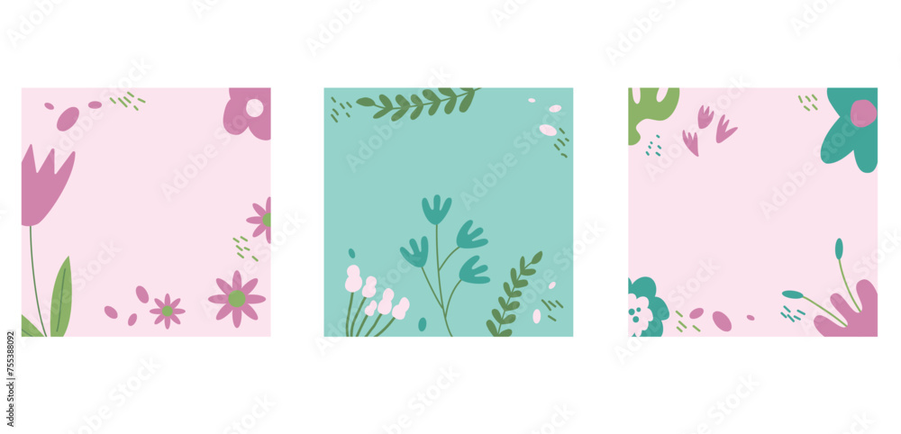 Spring backgrounds set. Floral abstract banner template collection. Card with flowers decoration. Vector flat illustration