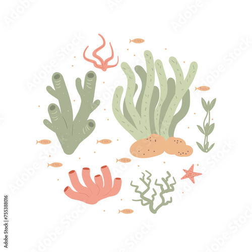 Coral green reef round badge isolated on white background. Ecology environmental issues emblem. Sea underwater elements. Vector handdrawn flat illustration