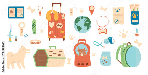 Travel with pets set. Tourism supplies and accessories for domestic animals elements isolated on white background. Pets carrier, collar, passport and id tag. Trip with cats and dogs. Vector flat