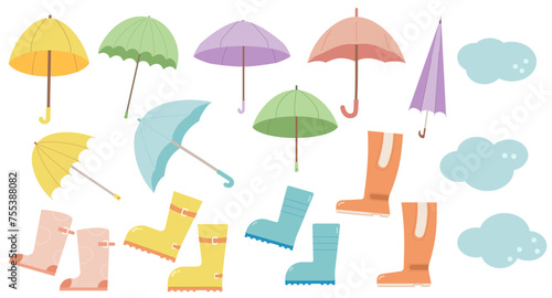 Umbrellas and rubber boots. Set of waterproof pair of shoes and protector for rainy weather. Spring elements set isolated on white background. Vector flat illustration.