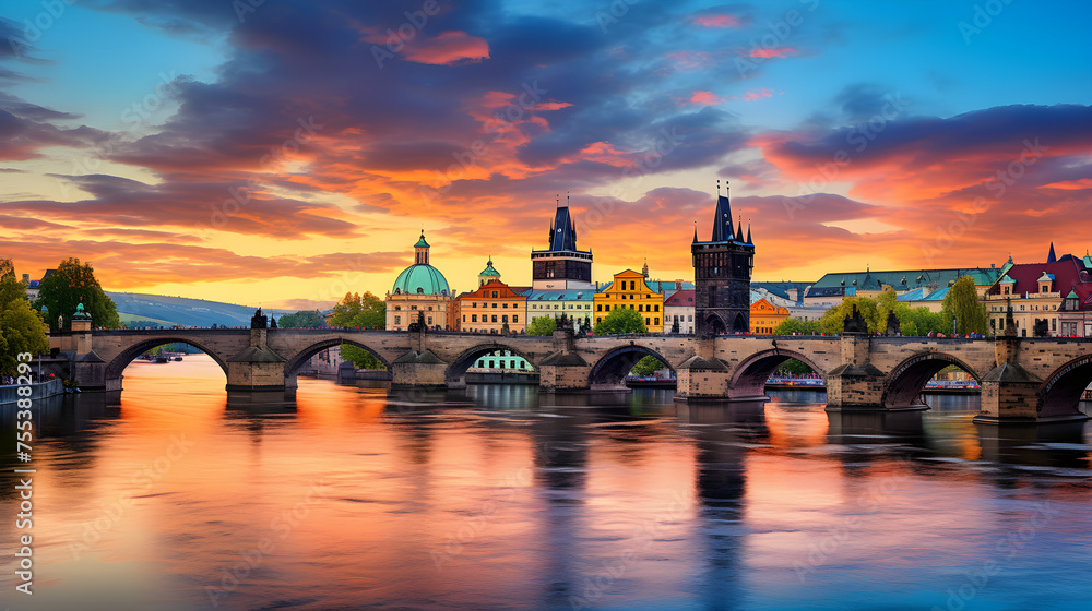 Scenic Panoramic View of Charles Bridge and Prague Castle during Sunset - obrazy, fototapety, plakaty 