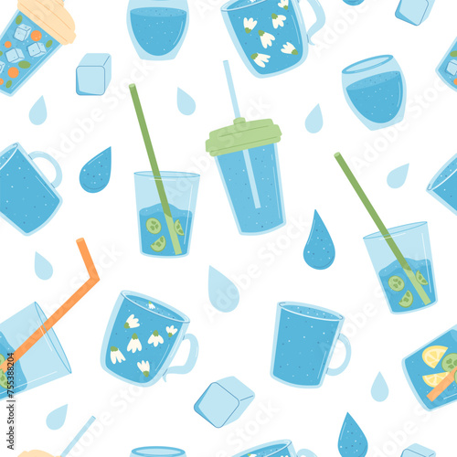 Water seamless pattern. Glasses and cups with clean aroma beverage endless background. Aqua drink with ice, fruit and waterdrop repeat cover. Vector flat illustration