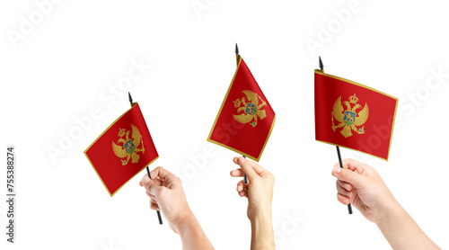 A group of people are holding small flags of Montenegro and Tobago in their hands. photo