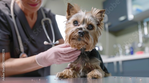 Yorkshire Terrier examined by a female veterinarian in a clinic.
