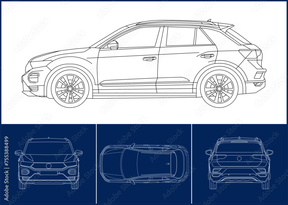 Car template. Transportation outline stroke template. Blueprint layout. Wrap sticker, air brush, vynils, recolor project. Vector eps 10