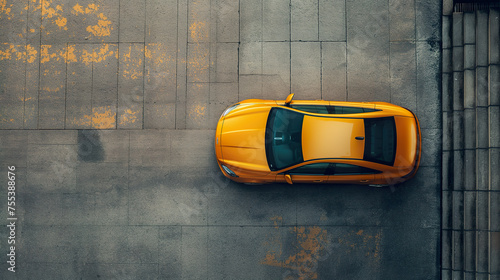 An overhead perspective of a vibrant yellow sports car, showcasing its sleek design and aerodynamic shape