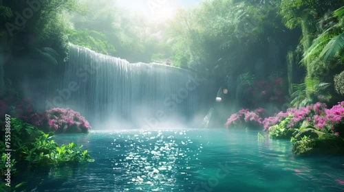 Amazon rainforest misty waterfall and river landscape at vibrant sunlight, video HD photo