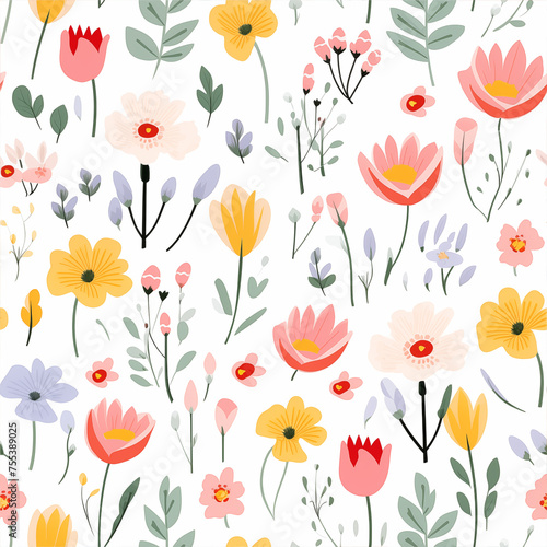 delicate pastel seamless patterns inspired by the blossoming of flowers in the spring season ,flat design, clean white background