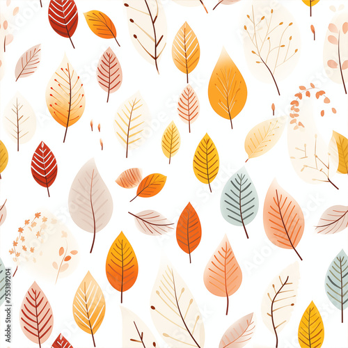 illustration flat design seamless pattern of the magic of the autumnal season with soft pastel patterns reminiscent of falling leaves on clean white background