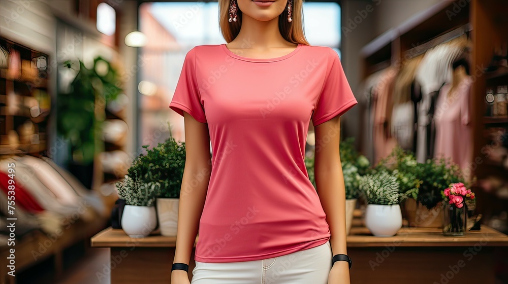 Red T-shirt on the model in the store Red T-shirt on the model in the store